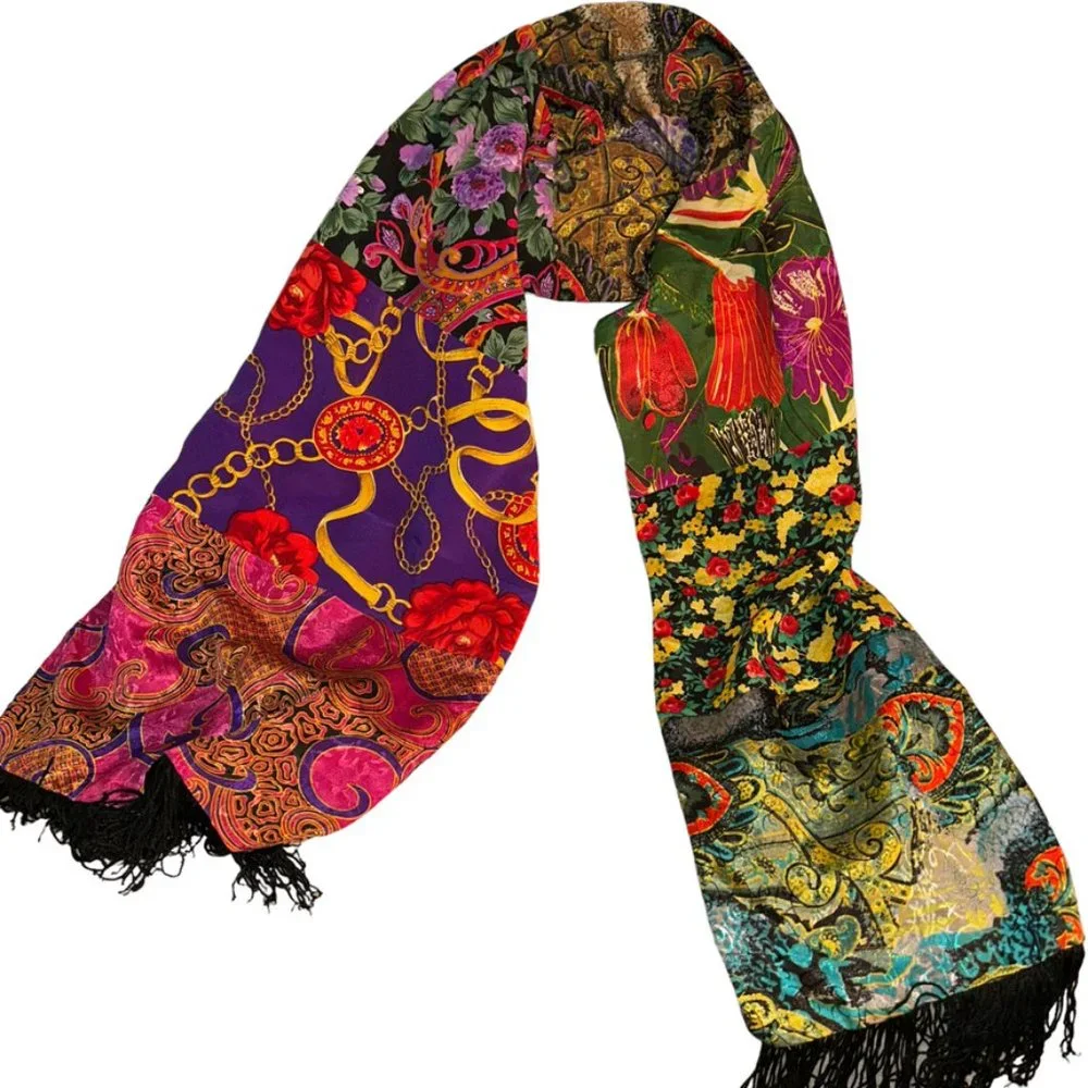 Vintage 80s Vibrant very cool rich Baroque floral print fringe scarf wrap